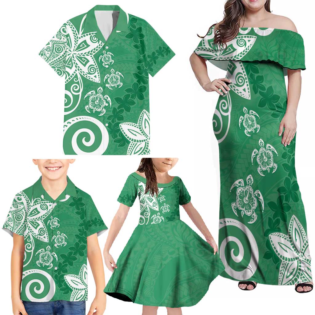 Polynesia Family Matching Off Shoulder Maxi Dress and Hawaiian Shirt Green Tribal Turtle Floral Pattern LT05 - Polynesian Pride