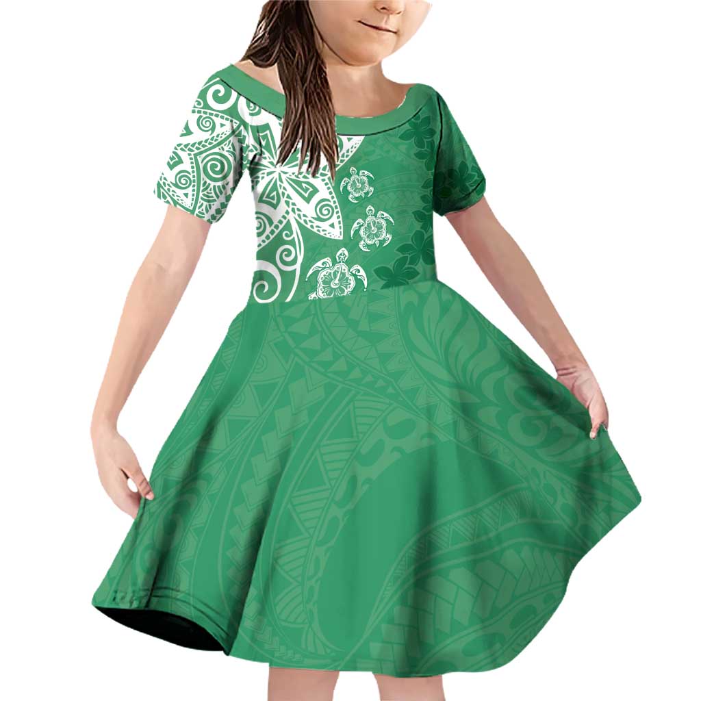 Polynesia Family Matching Off Shoulder Short Dress and Hawaiian Shirt Green Tribal Turtle Floral Pattern LT05 Daughter's Dress Green - Polynesian Pride