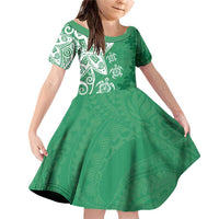 Polynesia Family Matching Off Shoulder Short Dress and Hawaiian Shirt Green Tribal Turtle Floral Pattern LT05 Daughter's Dress Green - Polynesian Pride