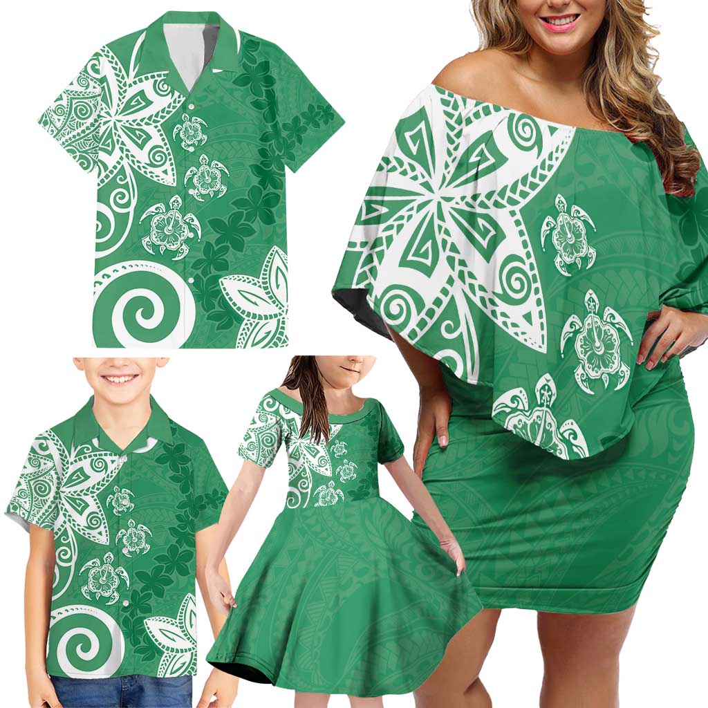 Polynesia Family Matching Off Shoulder Short Dress and Hawaiian Shirt Green Tribal Turtle Floral Pattern LT05 - Polynesian Pride