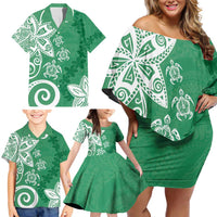 Polynesia Family Matching Off Shoulder Short Dress and Hawaiian Shirt Green Tribal Turtle Floral Pattern LT05 - Polynesian Pride