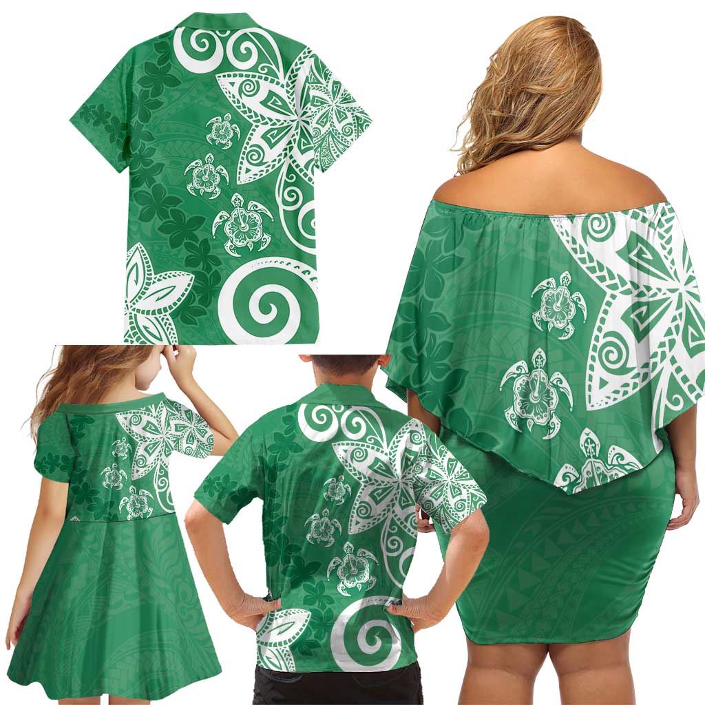 Polynesia Family Matching Off Shoulder Short Dress and Hawaiian Shirt Green Tribal Turtle Floral Pattern LT05 - Polynesian Pride