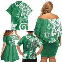 Polynesia Family Matching Off Shoulder Short Dress and Hawaiian Shirt Green Tribal Turtle Floral Pattern LT05 - Polynesian Pride