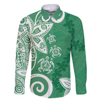 Polynesia Family Matching Off Shoulder Short Dress and Hawaiian Shirt Green Tribal Turtle Floral Pattern LT05 Dad's Shirt - Long Sleeve Green - Polynesian Pride