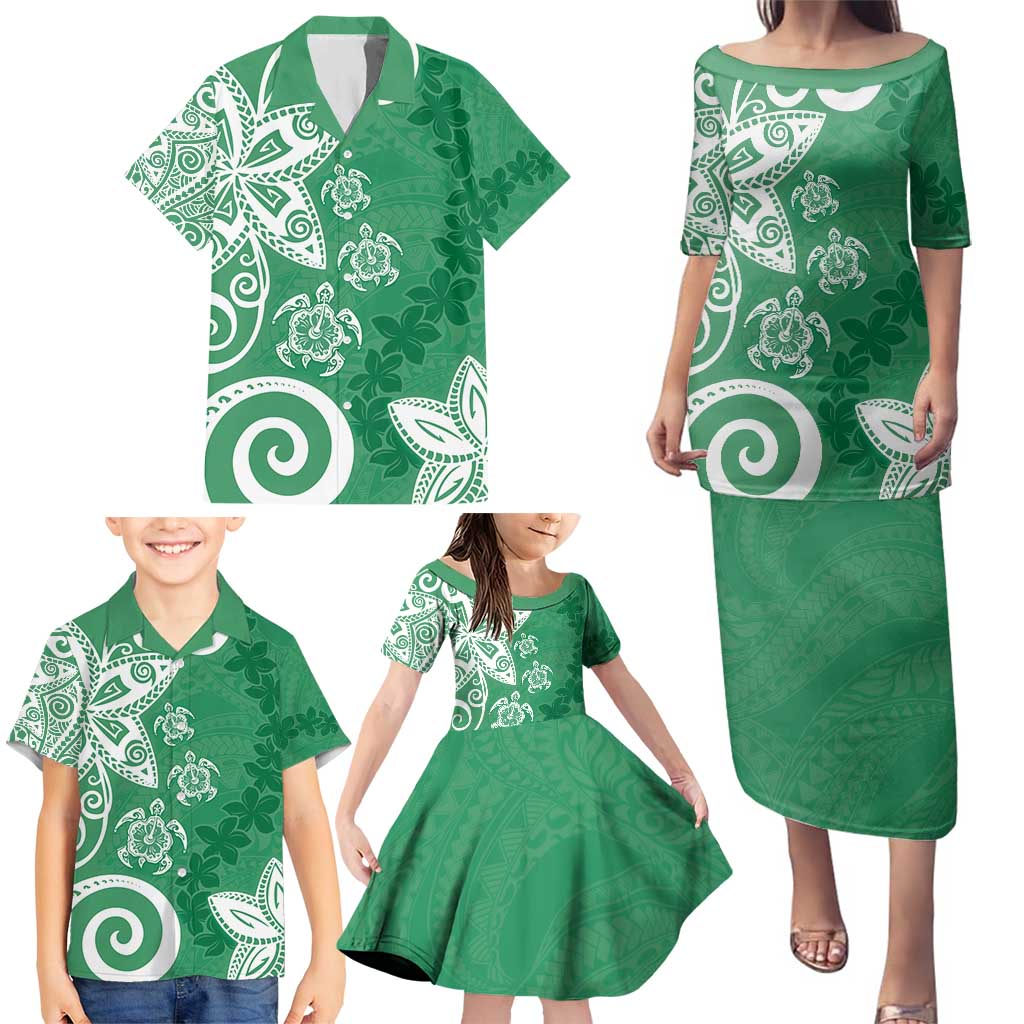 Polynesia Family Matching Puletasi and Hawaiian Shirt Green Tribal Turtle Floral Pattern LT05 - Polynesian Pride