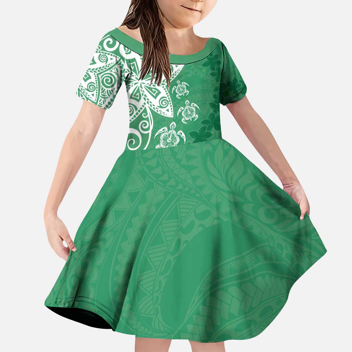 Polynesia Kid Short Sleeve Dress Green Tribal Turtle Floral Pattern LT05 KID Green - Polynesian Pride