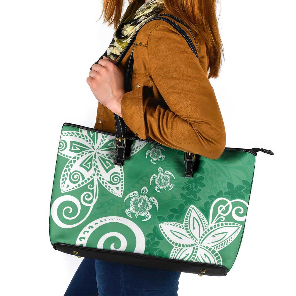 Polynesia Leather Tote Bag Green Tribal Turtle Floral Pattern