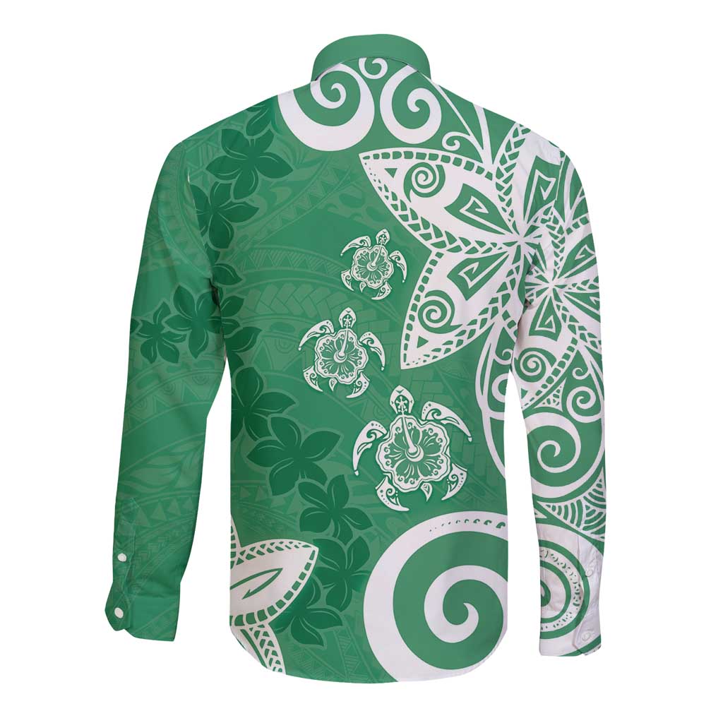 Polynesia Long Sleeve Button Shirt Green Tribal Turtle Floral Pattern LT05 - Polynesian Pride