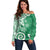 Polynesia Off Shoulder Sweater Green Tribal Turtle Floral Pattern