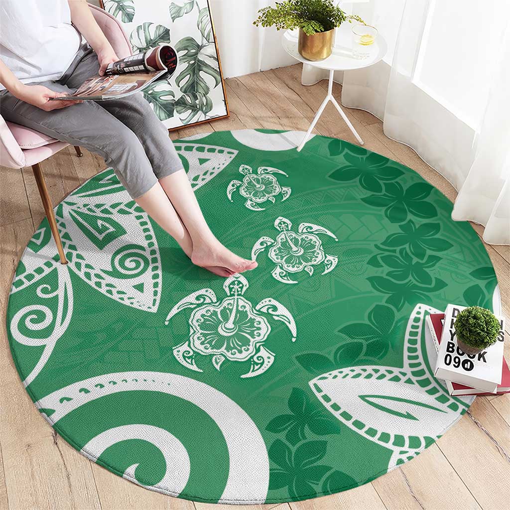 Polynesia Round Carpet Green Tribal Turtle Floral Pattern