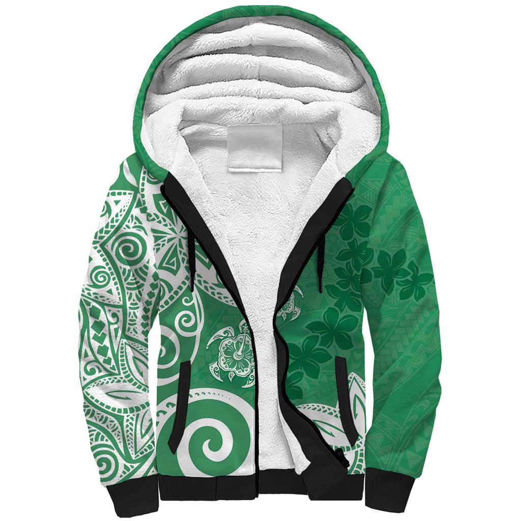 Polynesia Sherpa Hoodie Green Tribal Turtle Floral Pattern
