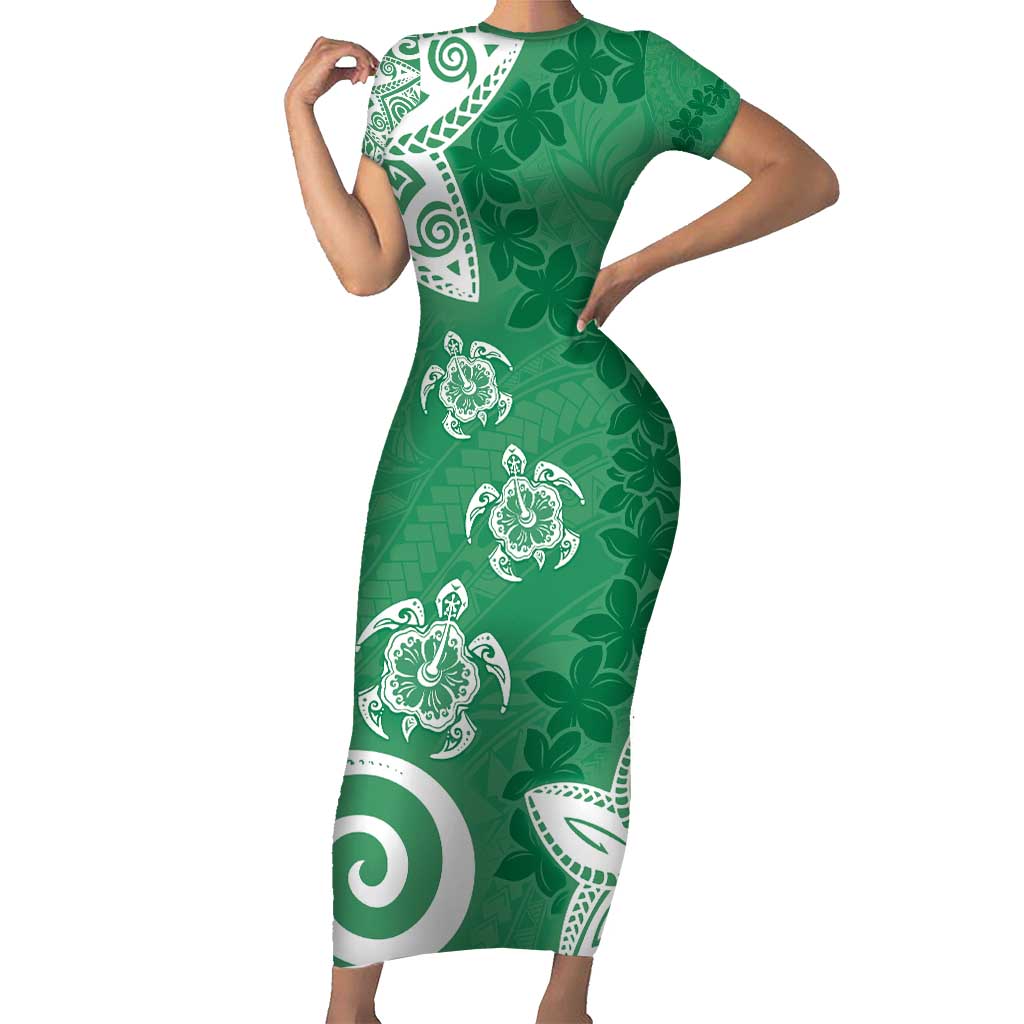 Polynesia Short Sleeve Bodycon Dress Green Tribal Turtle Floral Pattern