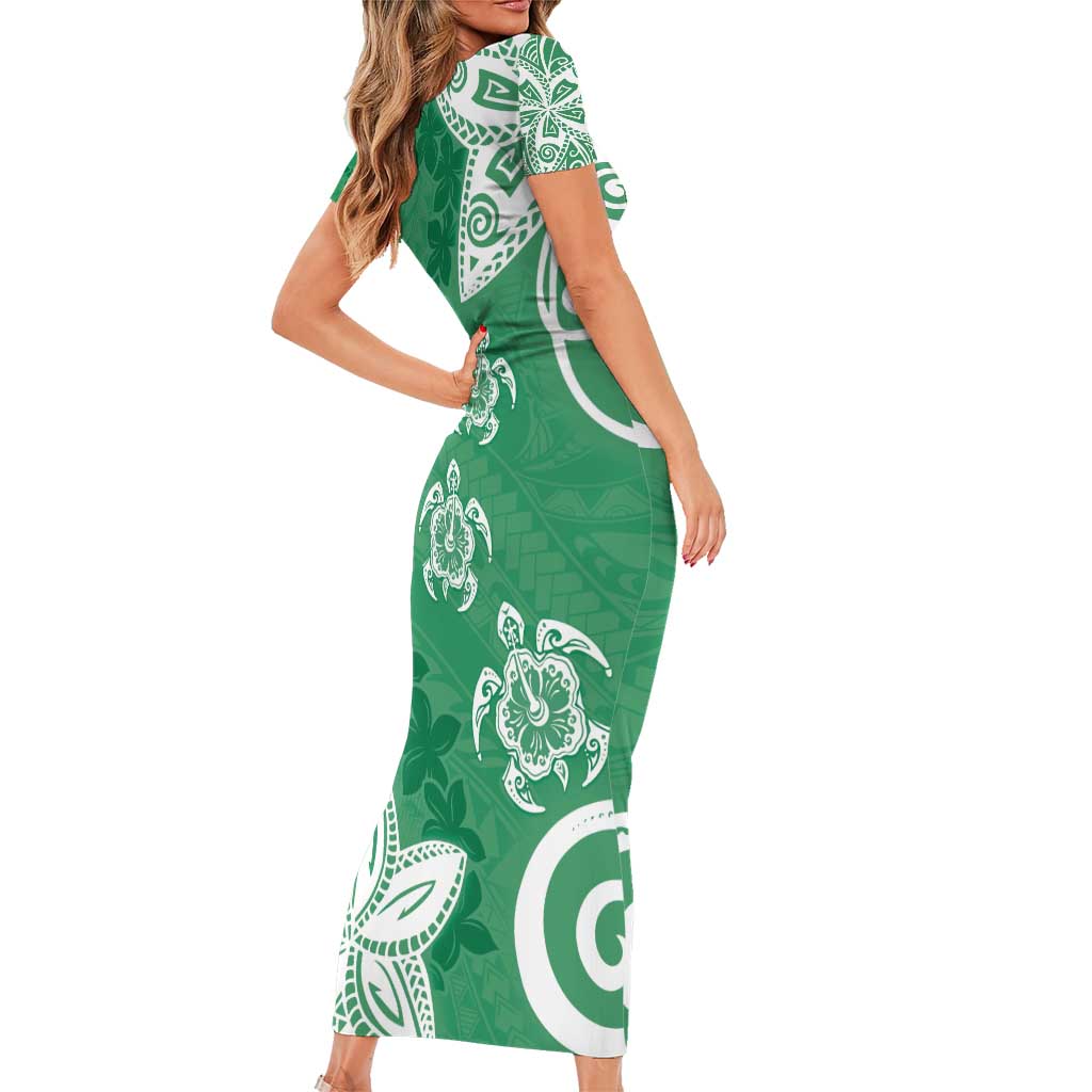 Polynesia Short Sleeve Bodycon Dress Green Tribal Turtle Floral Pattern