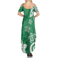 Polynesia Summer Maxi Dress Green Tribal Turtle Floral Pattern