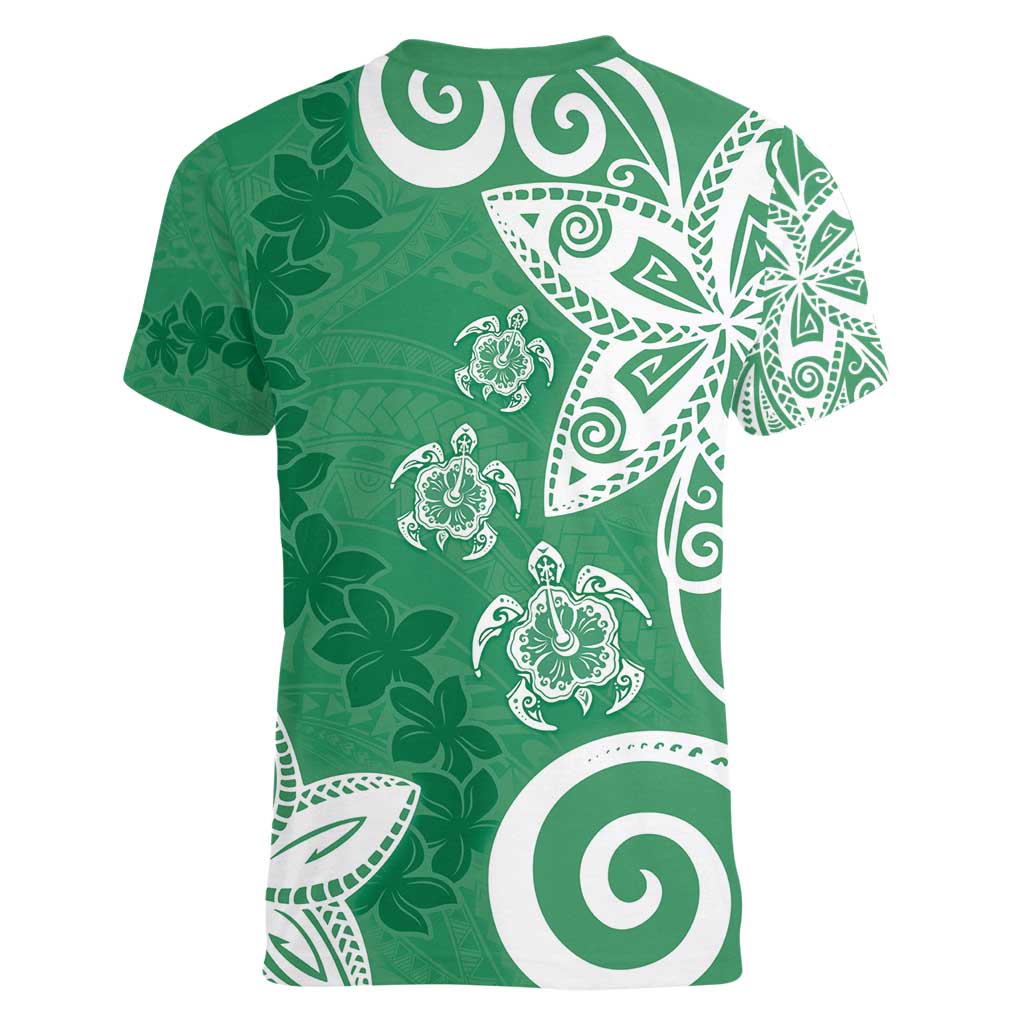 Polynesia Women V-Neck T-Shirt Green Tribal Turtle Floral Pattern LT05 - Polynesian Pride