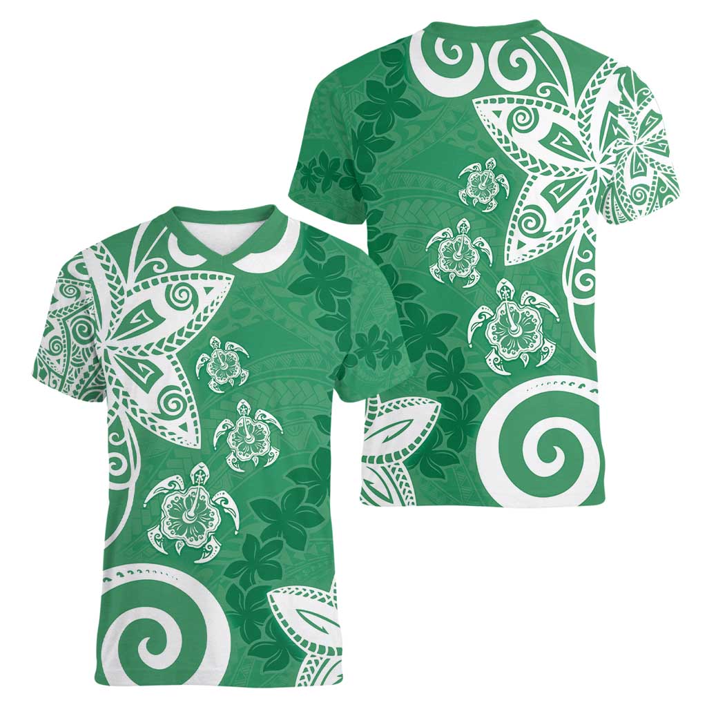 Polynesia Women V-Neck T-Shirt Green Tribal Turtle Floral Pattern LT05 - Polynesian Pride