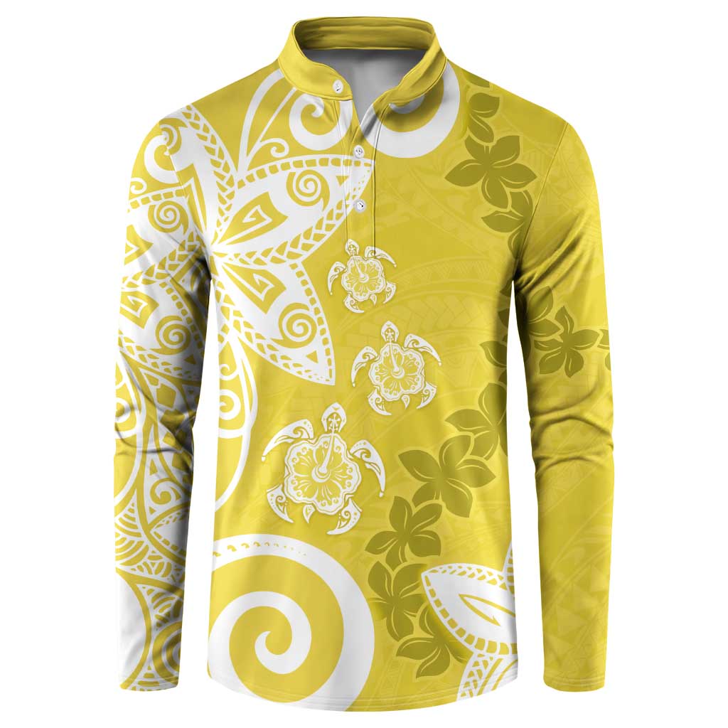 Polynesia Button Sweatshirt Yellow Tribal Turtle Floral Pattern