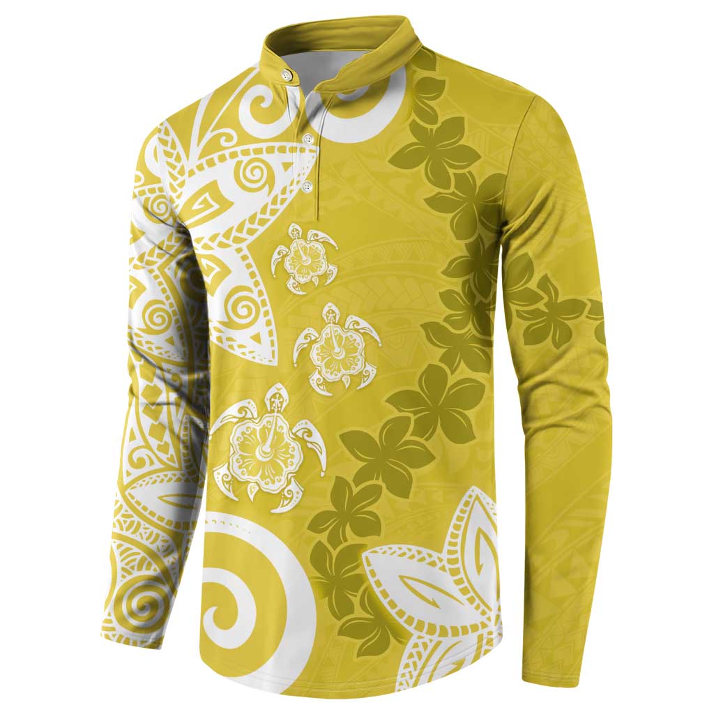 Polynesia Button Sweatshirt Yellow Tribal Turtle Floral Pattern