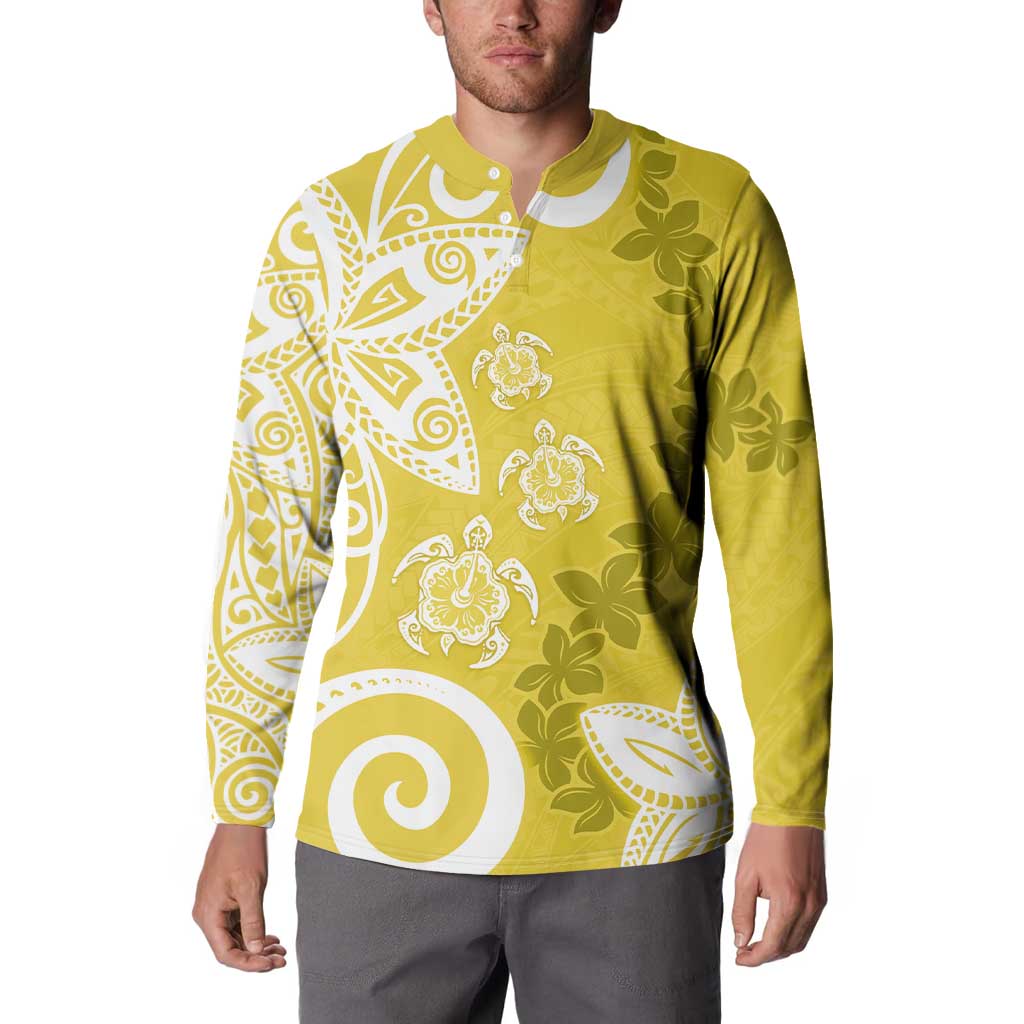 Polynesia Button Sweatshirt Yellow Tribal Turtle Floral Pattern
