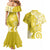 Polynesia Couples Matching Mermaid Dress and Hawaiian Shirt Yellow Tribal Turtle Floral Pattern