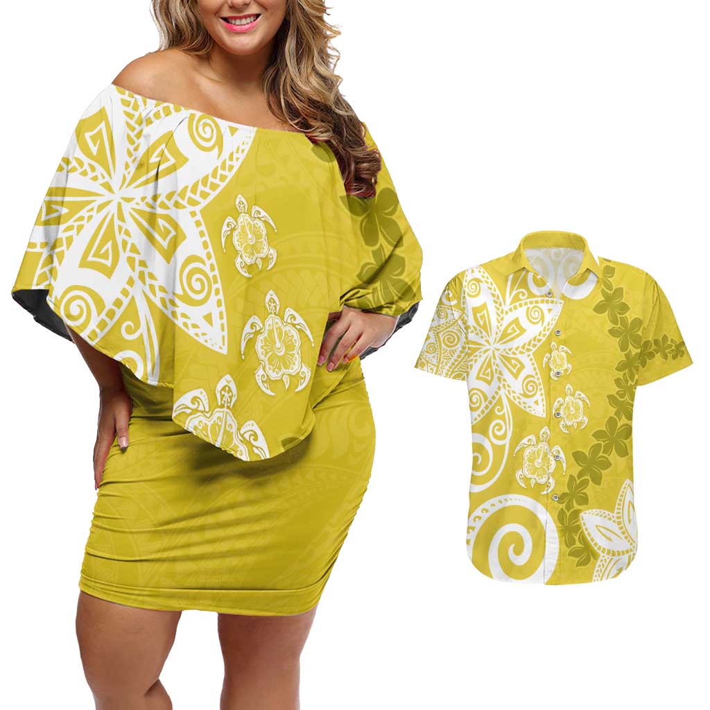 Polynesia Couples Matching Off Shoulder Short Dress and Hawaiian Shirt Yellow Tribal Turtle Floral Pattern