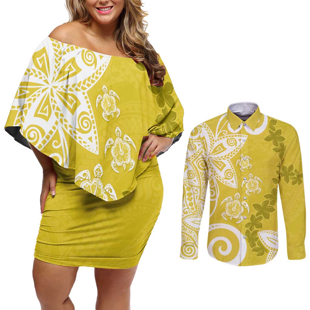 Polynesia Couples Matching Off Shoulder Short Dress and Long Sleeve Button Shirt Yellow Tribal Turtle Floral Pattern