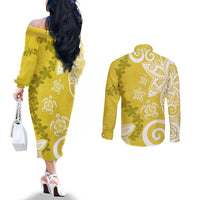 Polynesia Couples Matching Off The Shoulder Long Sleeve Dress and Long Sleeve Button Shirt Yellow Tribal Turtle Floral Pattern