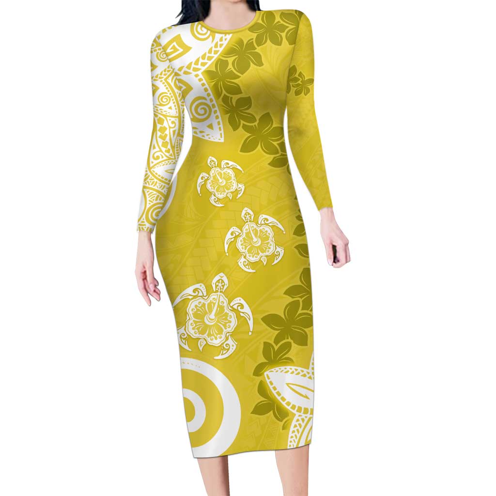 Polynesia Family Matching Long Sleeve Bodycon Dress and Hawaiian Shirt Yellow Tribal Turtle Floral Pattern LT05 Mom's Dress Yellow - Polynesian Pride