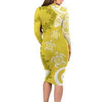 Polynesia Family Matching Long Sleeve Bodycon Dress and Hawaiian Shirt Yellow Tribal Turtle Floral Pattern LT05 - Polynesian Pride