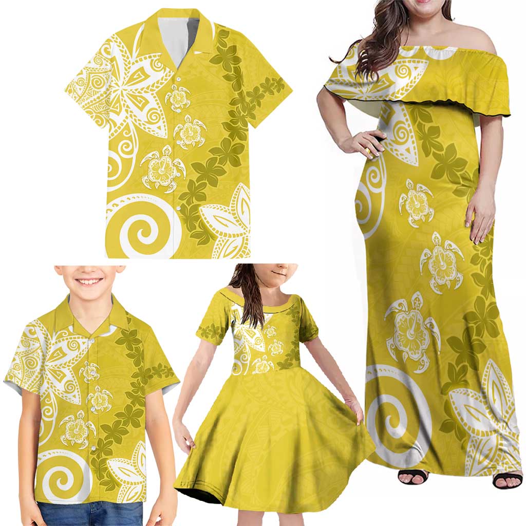 Polynesia Family Matching Off Shoulder Maxi Dress and Hawaiian Shirt Yellow Tribal Turtle Floral Pattern LT05 - Polynesian Pride