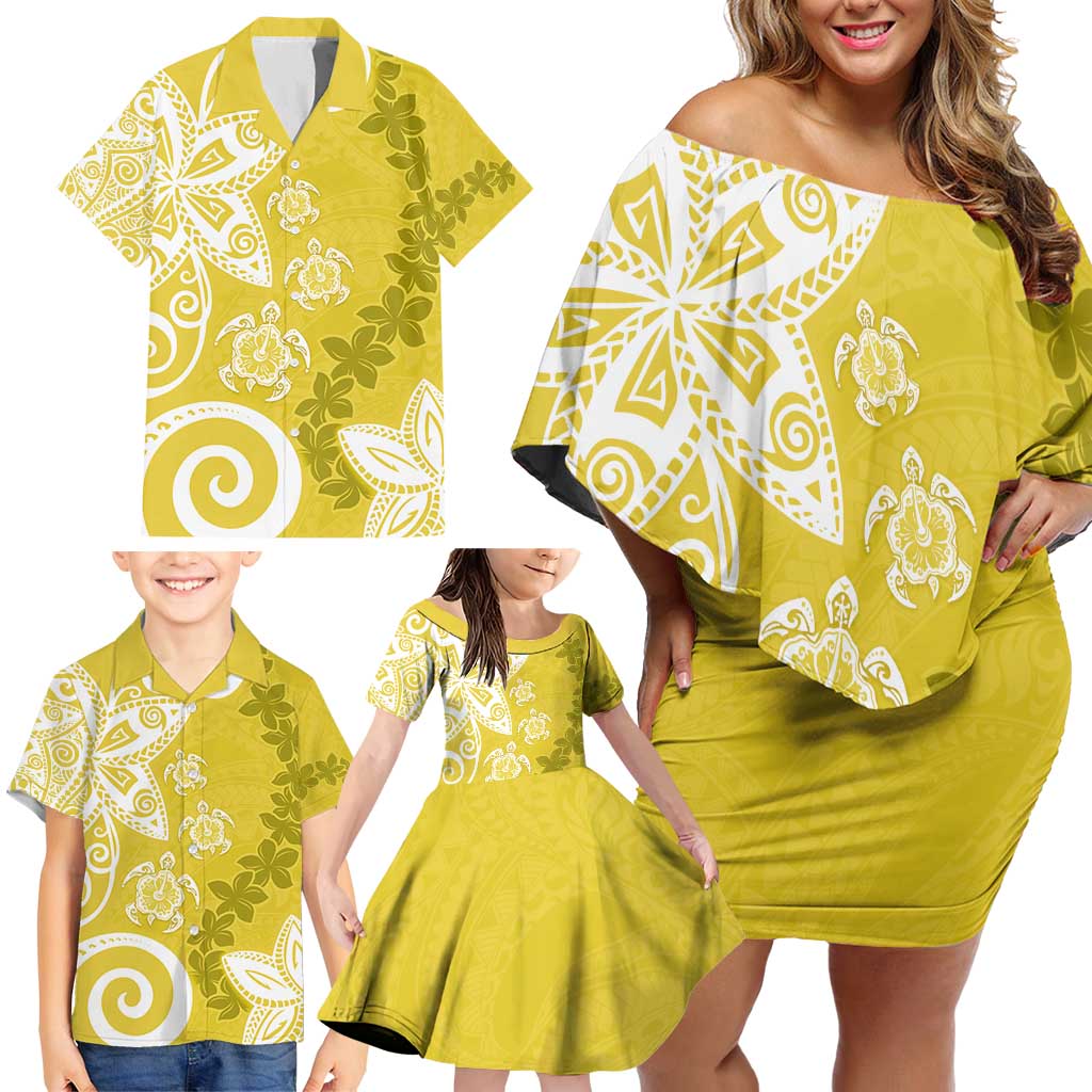 Polynesia Family Matching Off Shoulder Short Dress and Hawaiian Shirt Yellow Tribal Turtle Floral Pattern LT05 - Polynesian Pride