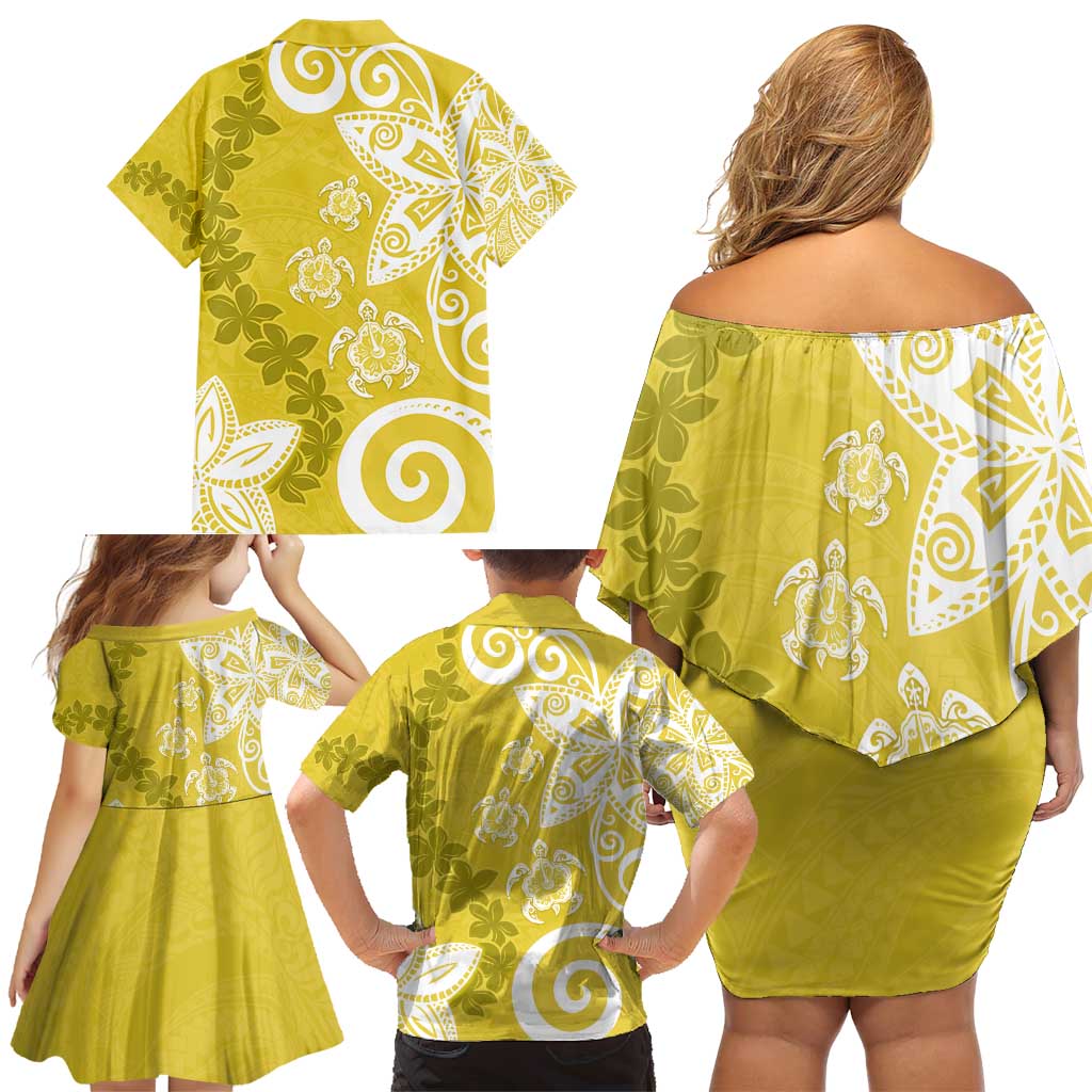 Polynesia Family Matching Off Shoulder Short Dress and Hawaiian Shirt Yellow Tribal Turtle Floral Pattern LT05 - Polynesian Pride