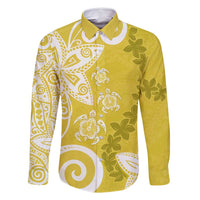 Polynesia Family Matching Off Shoulder Short Dress and Hawaiian Shirt Yellow Tribal Turtle Floral Pattern LT05 Dad's Shirt - Long Sleeve Yellow - Polynesian Pride