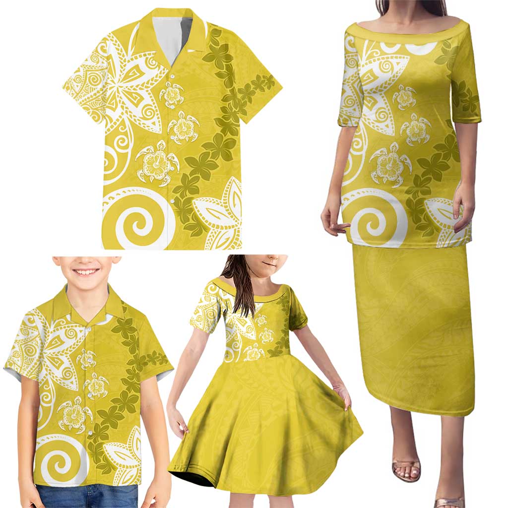 Polynesia Family Matching Puletasi and Hawaiian Shirt Yellow Tribal Turtle Floral Pattern LT05 - Polynesian Pride