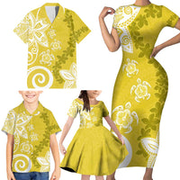 Polynesia Family Matching Short Sleeve Bodycon Dress and Hawaiian Shirt Yellow Tribal Turtle Floral Pattern LT05 - Polynesian Pride