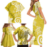 Polynesia Family Matching Short Sleeve Bodycon Dress and Hawaiian Shirt Yellow Tribal Turtle Floral Pattern LT05 - Polynesian Pride