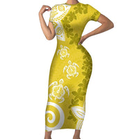 Polynesia Family Matching Short Sleeve Bodycon Dress and Hawaiian Shirt Yellow Tribal Turtle Floral Pattern LT05 Mom's Dress Yellow - Polynesian Pride