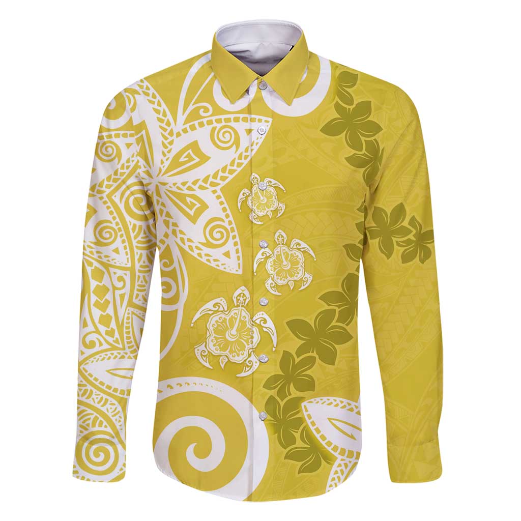 Polynesia Family Matching Tank Maxi Dress and Hawaiian Shirt Yellow Tribal Turtle Floral Pattern LT05 Dad's Shirt - Long Sleeve Yellow - Polynesian Pride