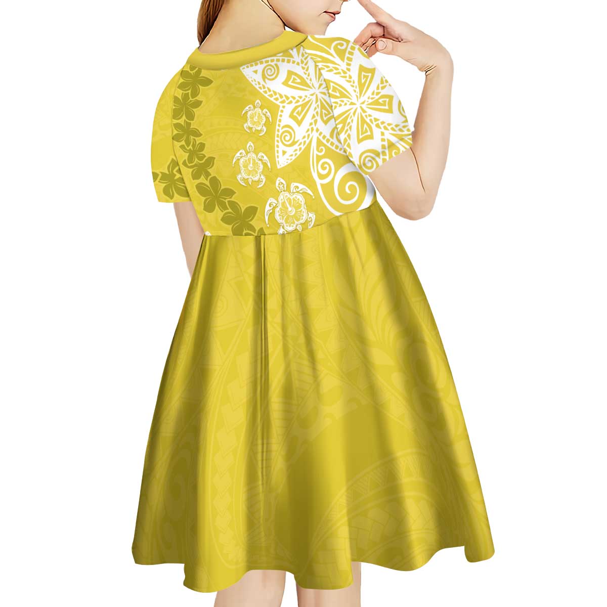 Polynesia Kid Short Sleeve Dress Yellow Tribal Turtle Floral Pattern LT05 - Polynesian Pride