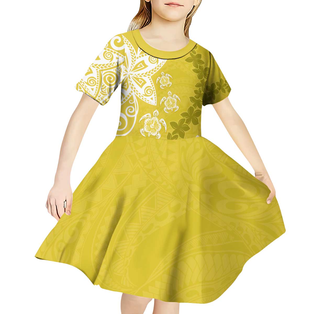 Polynesia Kid Short Sleeve Dress Yellow Tribal Turtle Floral Pattern LT05 - Polynesian Pride