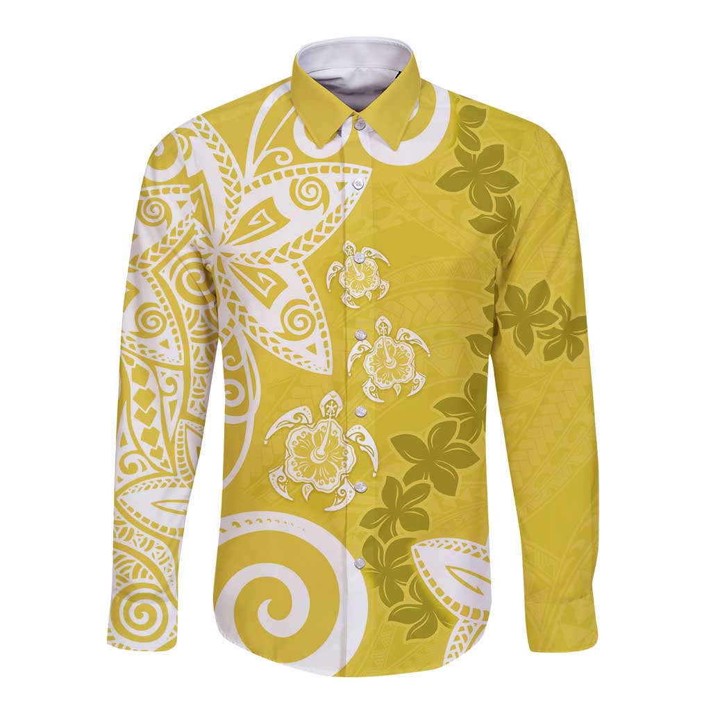 Polynesia Long Sleeve Button Shirt Yellow Tribal Turtle Floral Pattern LT05 Unisex Yellow - Polynesian Pride