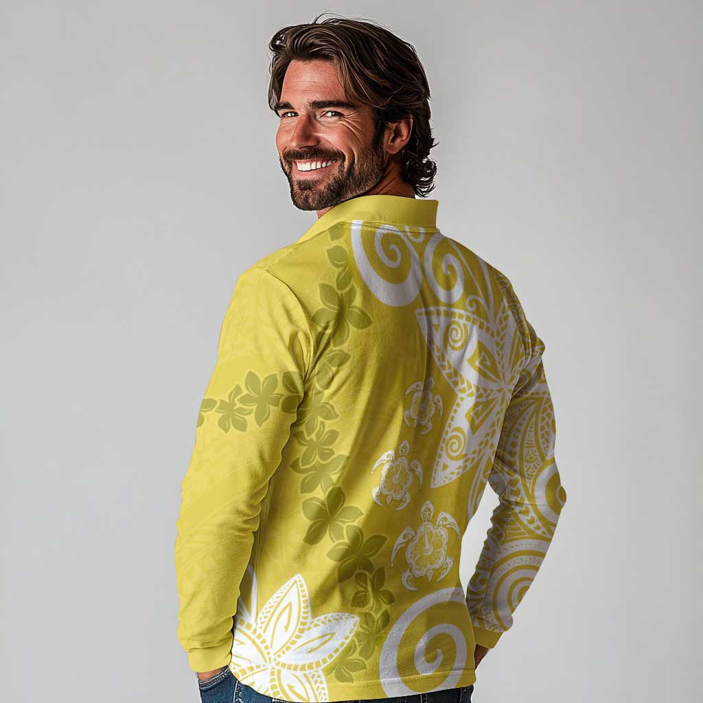 Polynesia Long Sleeve Polo Shirt Yellow Tribal Turtle Floral Pattern LT05 - Polynesian Pride