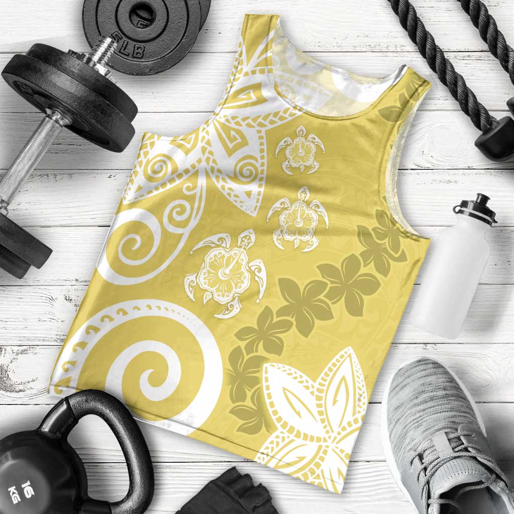 Polynesia Men Tank Top Yellow Tribal Turtle Floral Pattern