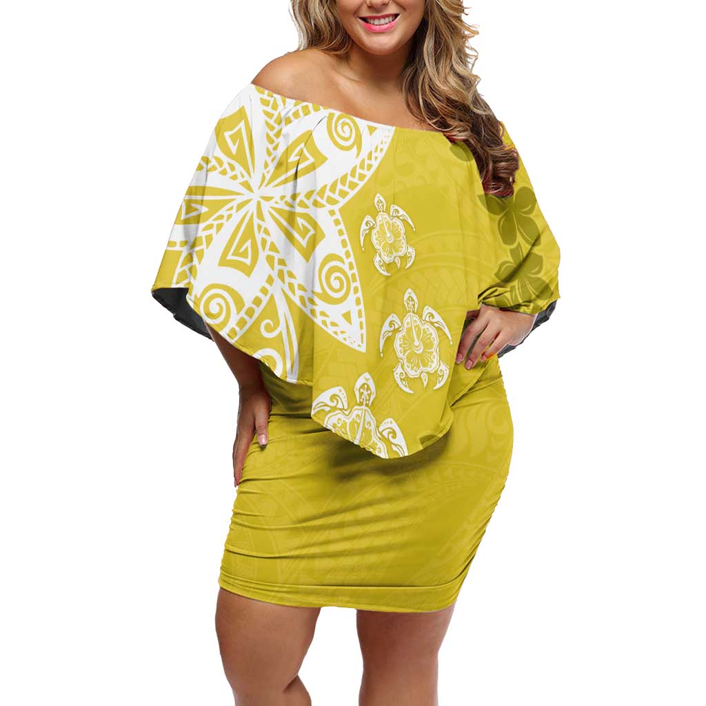 Polynesia Off Shoulder Short Dress Yellow Tribal Turtle Floral Pattern