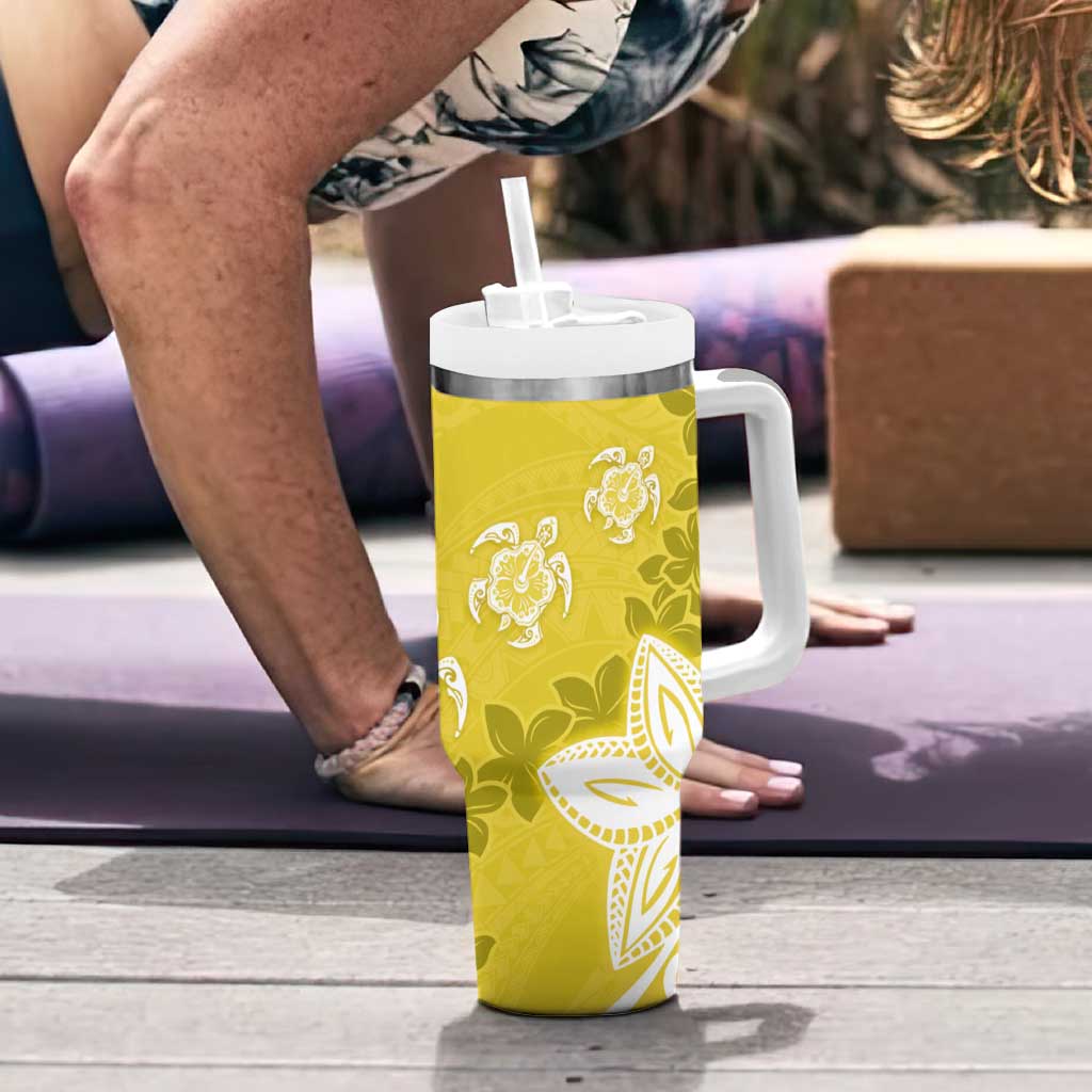 Polynesia Tumbler With Handle Yellow Tribal Turtle Floral Pattern