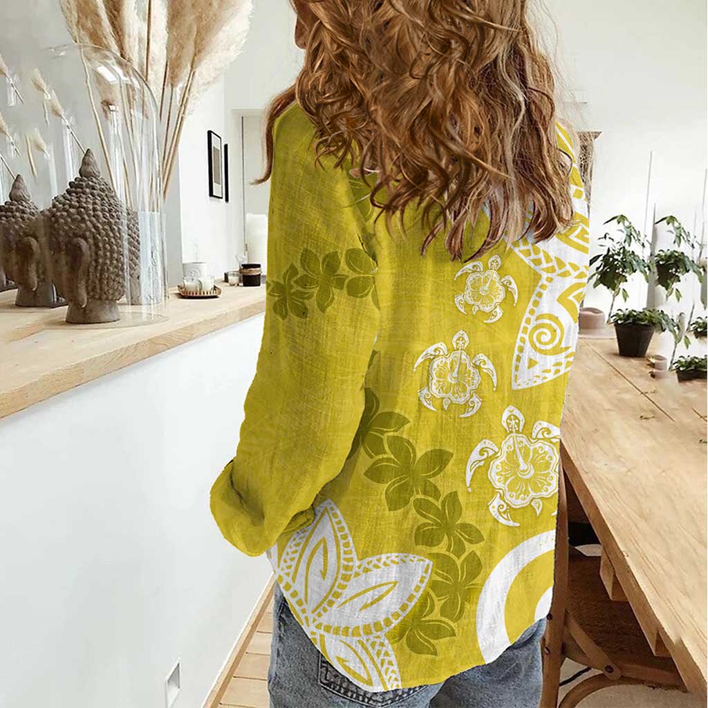 Polynesia Women Casual Shirt Yellow Tribal Turtle Floral Pattern LT05 - Polynesian Pride