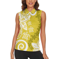 Polynesia Women Sleeveless Polo Shirt Yellow Tribal Turtle Floral Pattern LT05 - Polynesian Pride