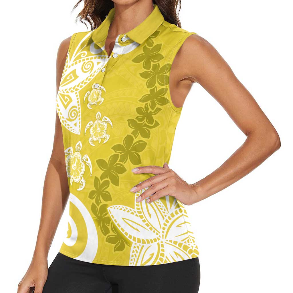 Polynesia Women Sleeveless Polo Shirt Yellow Tribal Turtle Floral Pattern LT05 - Polynesian Pride