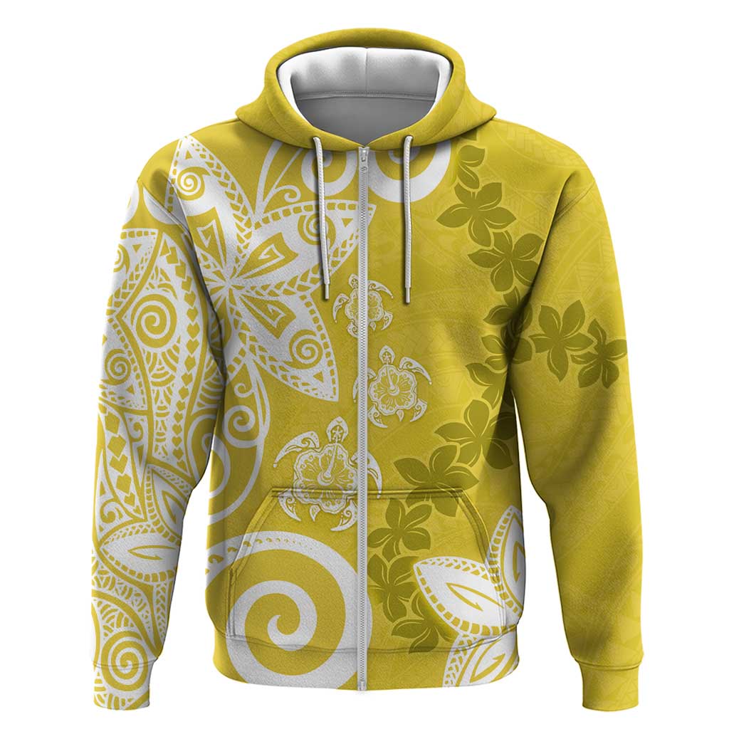 Polynesia Zip Hoodie Yellow Tribal Turtle Floral Pattern