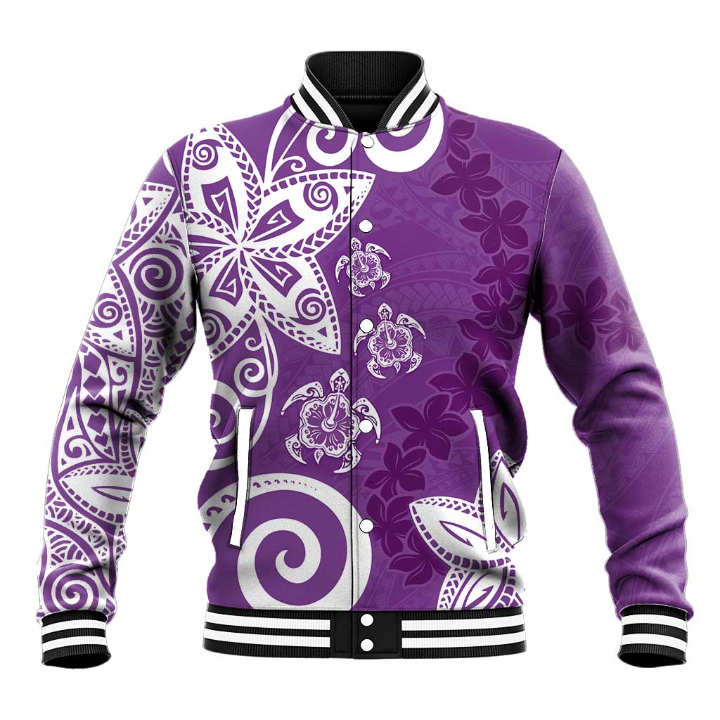 Polynesia Baseball Jacket Purple Tribal Turtle Floral Pattern